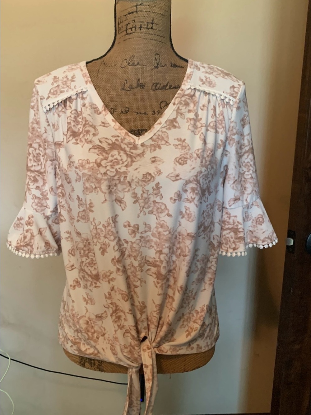 Luxology Blush Floral Tie-Front V-Neck Blouse